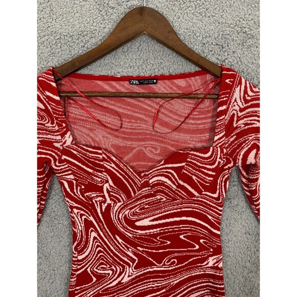 Zara Red Dress Small Jacquard Knit Sweetheart Neck Marble Swirl Conforming - Picture 5 of 14